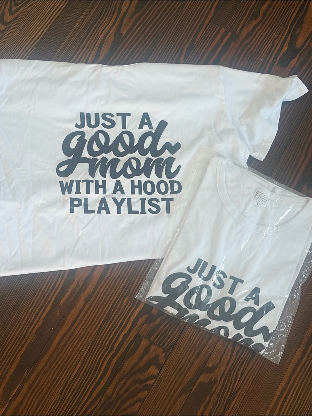 White 'Just a Good Mom with a Hood Playlist' Graphic T Shirt